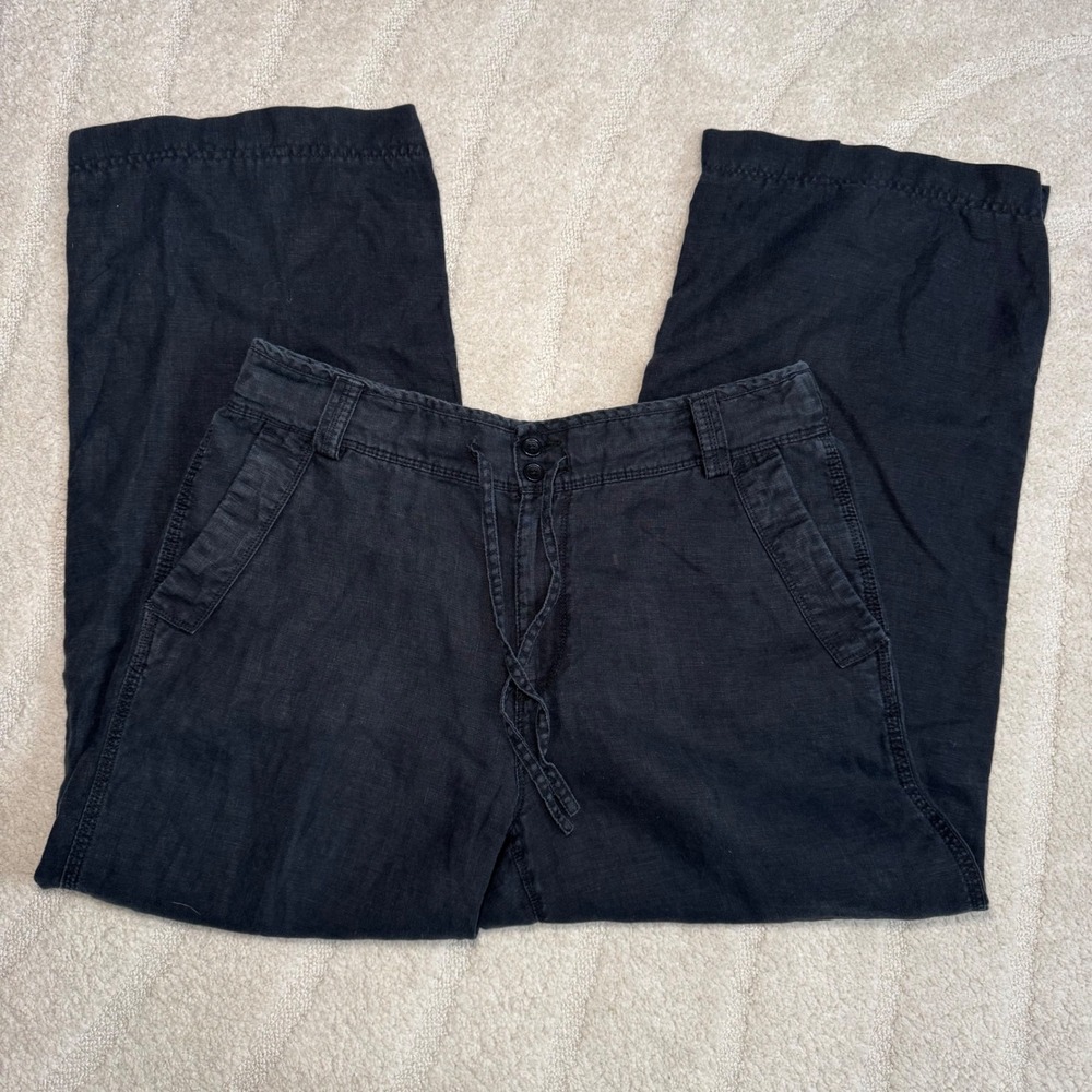 Lauren Ralph Lauren Black 100% Linen Wide Leg Cropped Pants Drawstring Womens 12 - Picture 4 of 5
